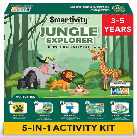 Jungle Explorer Activity Kit, 5 in 1 Activities - Tree House, Science Experiment, Rocking Elephant & More Toy/Game