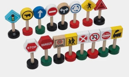 Learning road safety , wooden sign boards , Traffic Signs